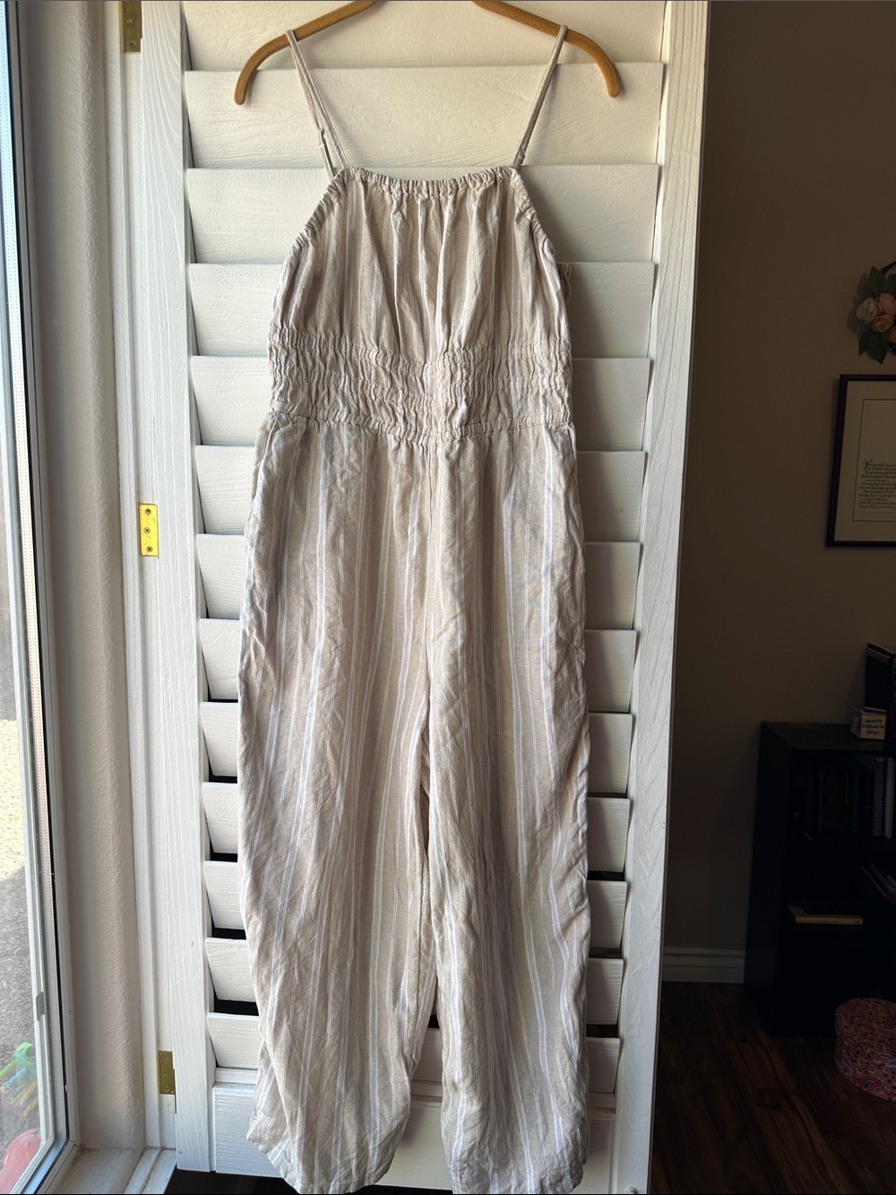 Old Navy Striped Tan Waist Defined Smocked Jumpsuit Romper Large